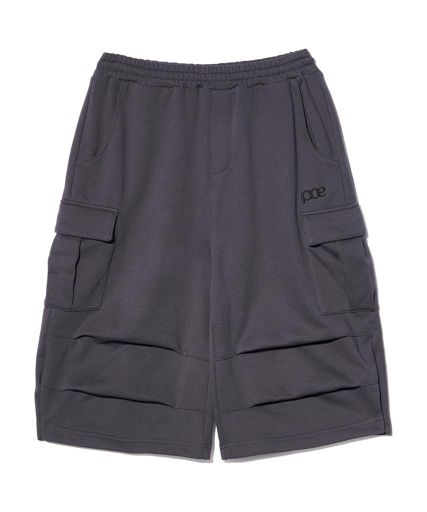 PEACE MAKER Parachute Curved Snap Cargo Bermuda Sweat Shorts (Charcoal)