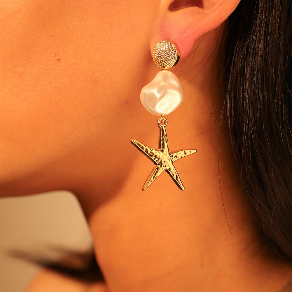 Women Fashion Starfish Shell Imitation Pearl Earrings Jewelry
