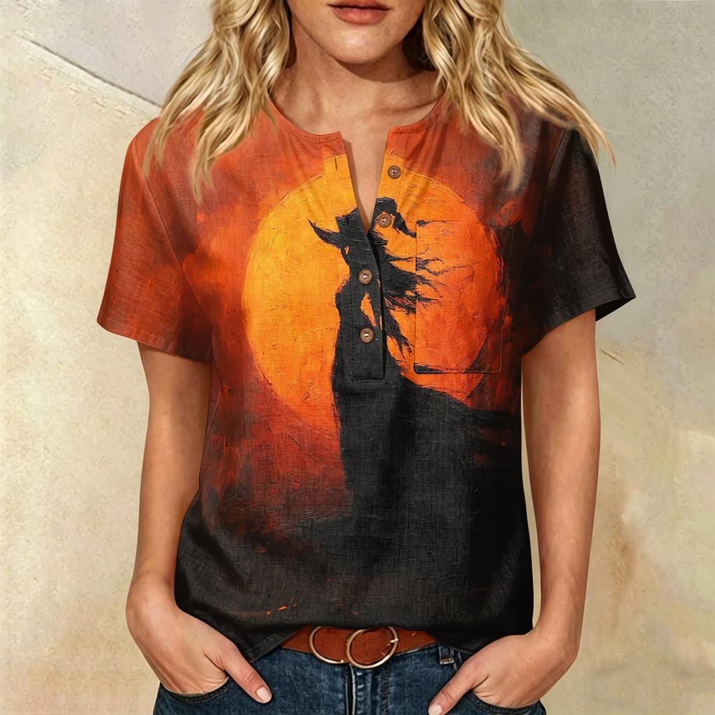 Women Casual Short Sleeve Henley Shirt with Chest Pocket Halloween Themed Graphic Print Cotton Linen Blended Fabric Relaxed Fit