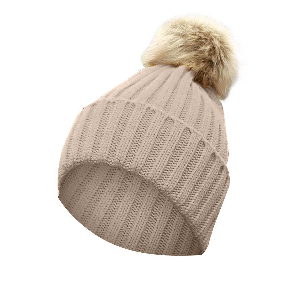Women Winter Warm Knitted  Cute  F-ur Ball Yarn Hat