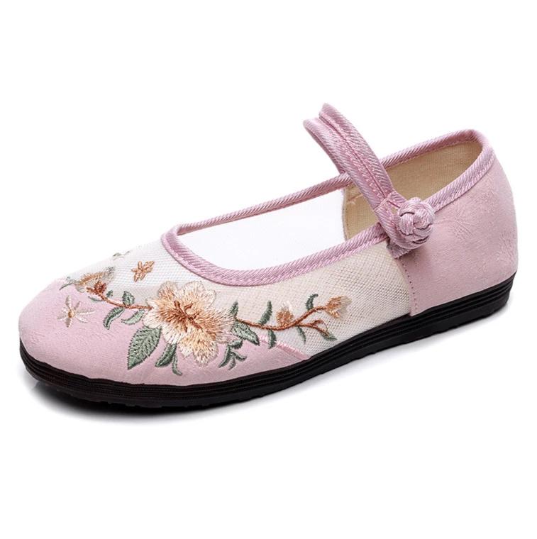 

Модный ретро дизайн с вышивкой Бренд Балетки Женская мода Круглый носок Пряжка Плоские сандалии Комфорт Повседневный Этнический стиль Танцевальная обувь 35 розовый