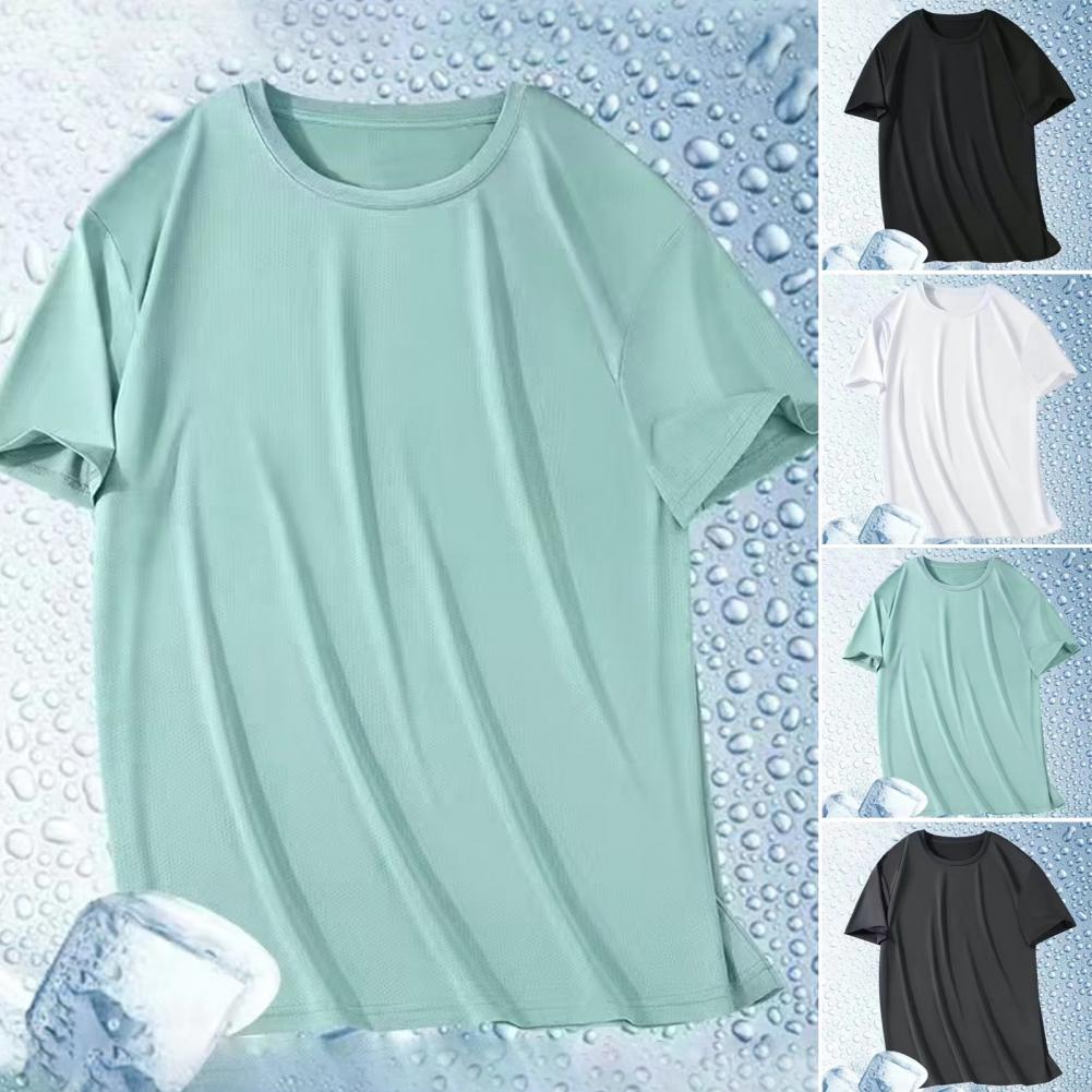 Pánské letní tričko s kulatým výstřihem, jednobarevné, síťované, s krátkým rukávem, ledově hedvábné, rychleschnoucí, volné, elastické, ležérní, denní nošení, fitness