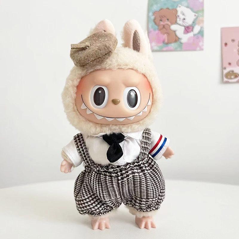 Only clothes]For  Pendant Pull Cloth Doll for the First and Second Generation Blind Box For  LABUBU Clothes Bear Suspenders Pants Suit