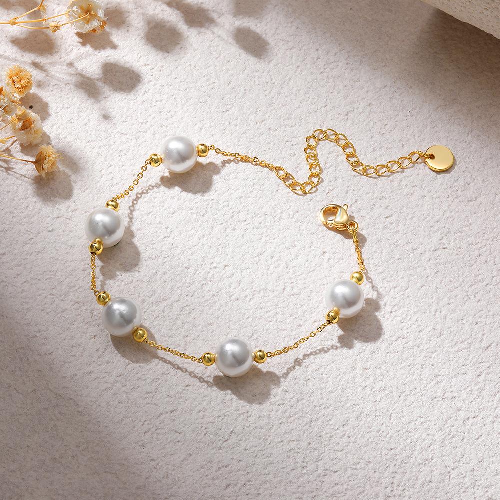 18K Gold Imitation Pearl Bracelet Stainless Steel Clip Gold Bead Chain Simple Fine Commuter Accessories