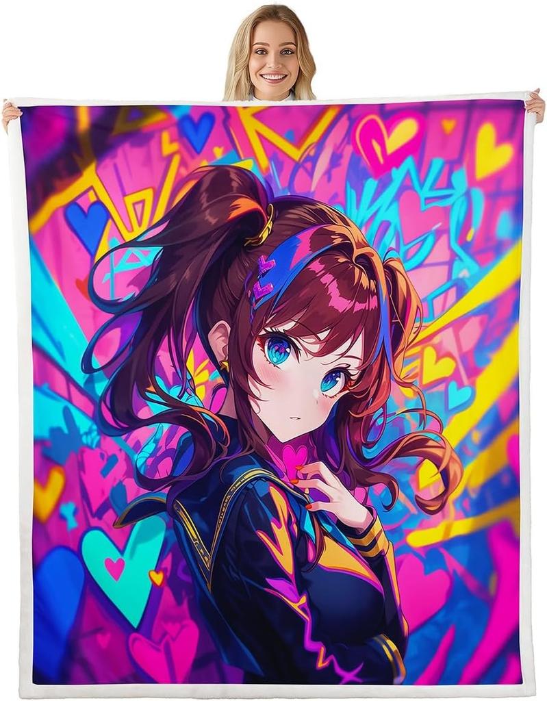 GUOYU Blanket Throw Size Japanese Anime Fleece Sherpa Blanket for Kids Anime Girl Japanese Style Throw Blanket Cartoon Japan Animation Bed