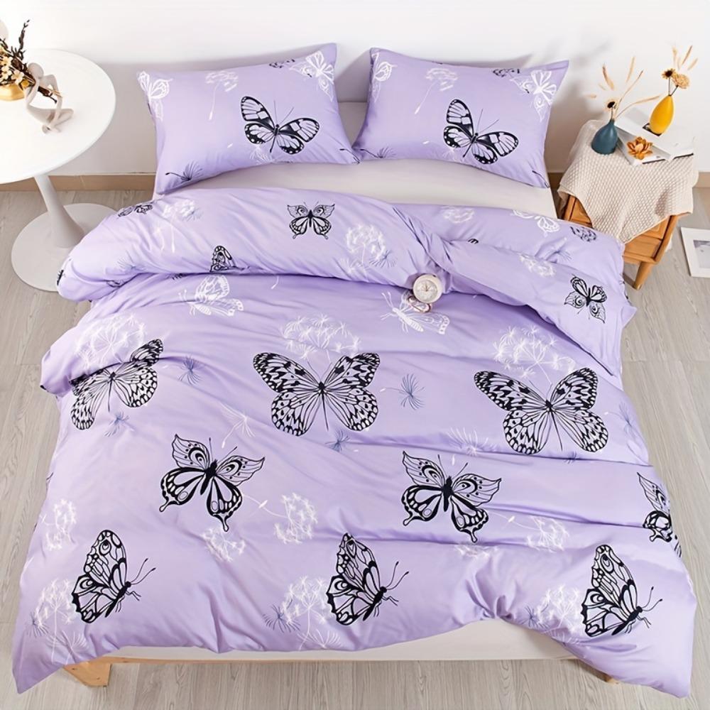 

3pcs Purple Bedding Set Black Butterfly Print Cozy Duvet Cover Set King Queen Twin Single Size Birthday Gift Adult Bedroom Decor EU Single 135x200cm