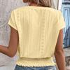 Women Tops V-Neck Short Sleeve Jacquard Decoration Pullover Tops Solid Color Loose Fit Elastic Hem T-shirt