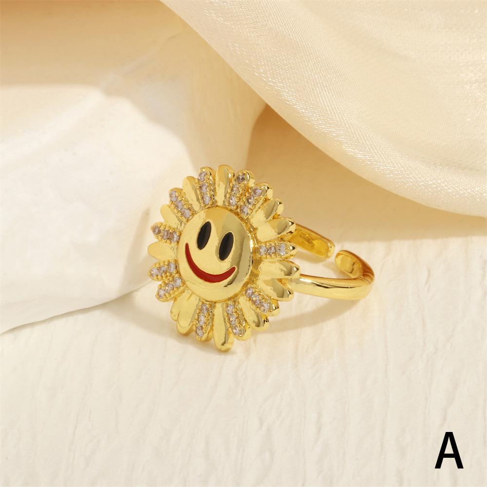 

Европейское и американское кольцо с подсолнухом и смайликом, инкрустированное цирконом - Женское уникальное медное кольцо с открытой шинкой, покрытое капельной эмалью Adjustable