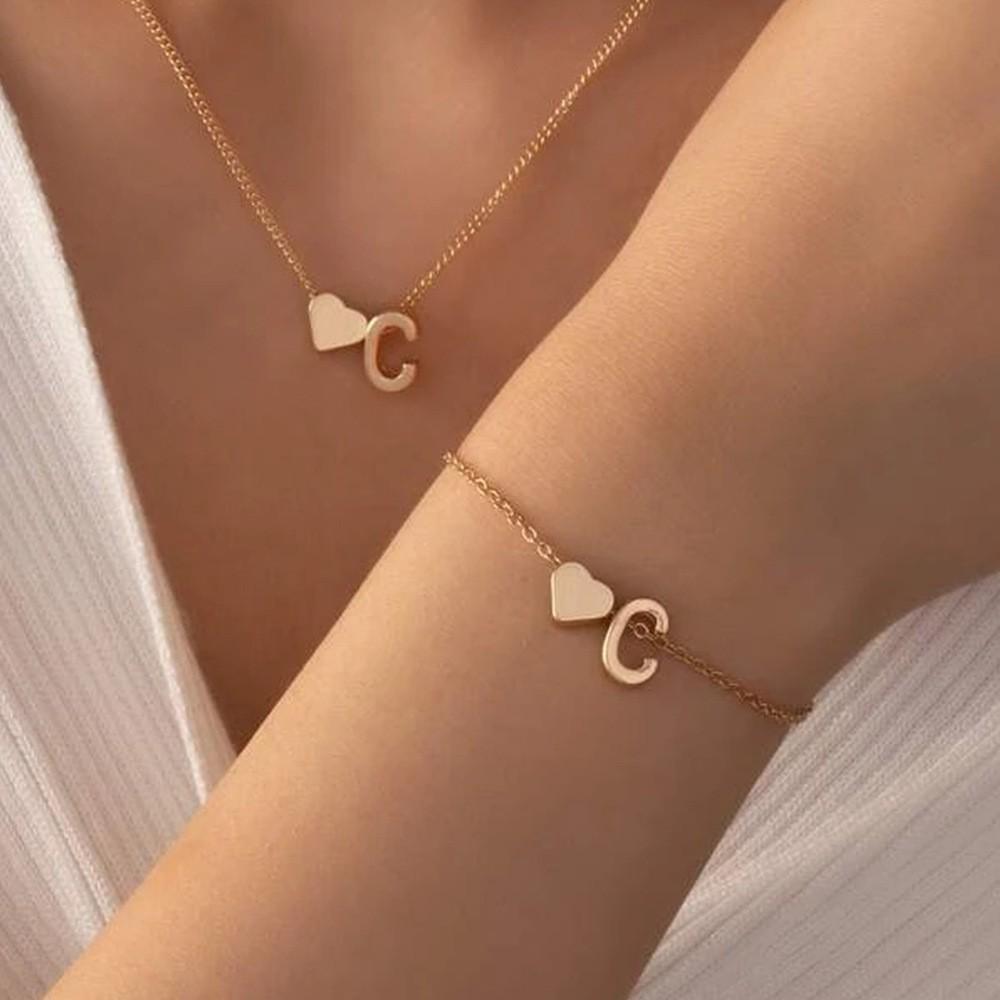 Retro Metal Heart 'M' Necklace & Bracelet Set for Women - European & American Letter Jewelry