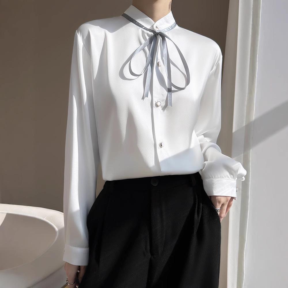 

Women s Spring French Satin Faux Silk Stand Collar Bow Ribbon Blouse XL fits 120-135 jin