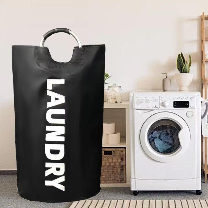 

Корзина для белья большой вместимости 90 л и сумка для хранения игрушек, складная корзина для грязной одежды для домашнего использования 82L with Handle, Aluminum Ring (38*72CM) чёрный