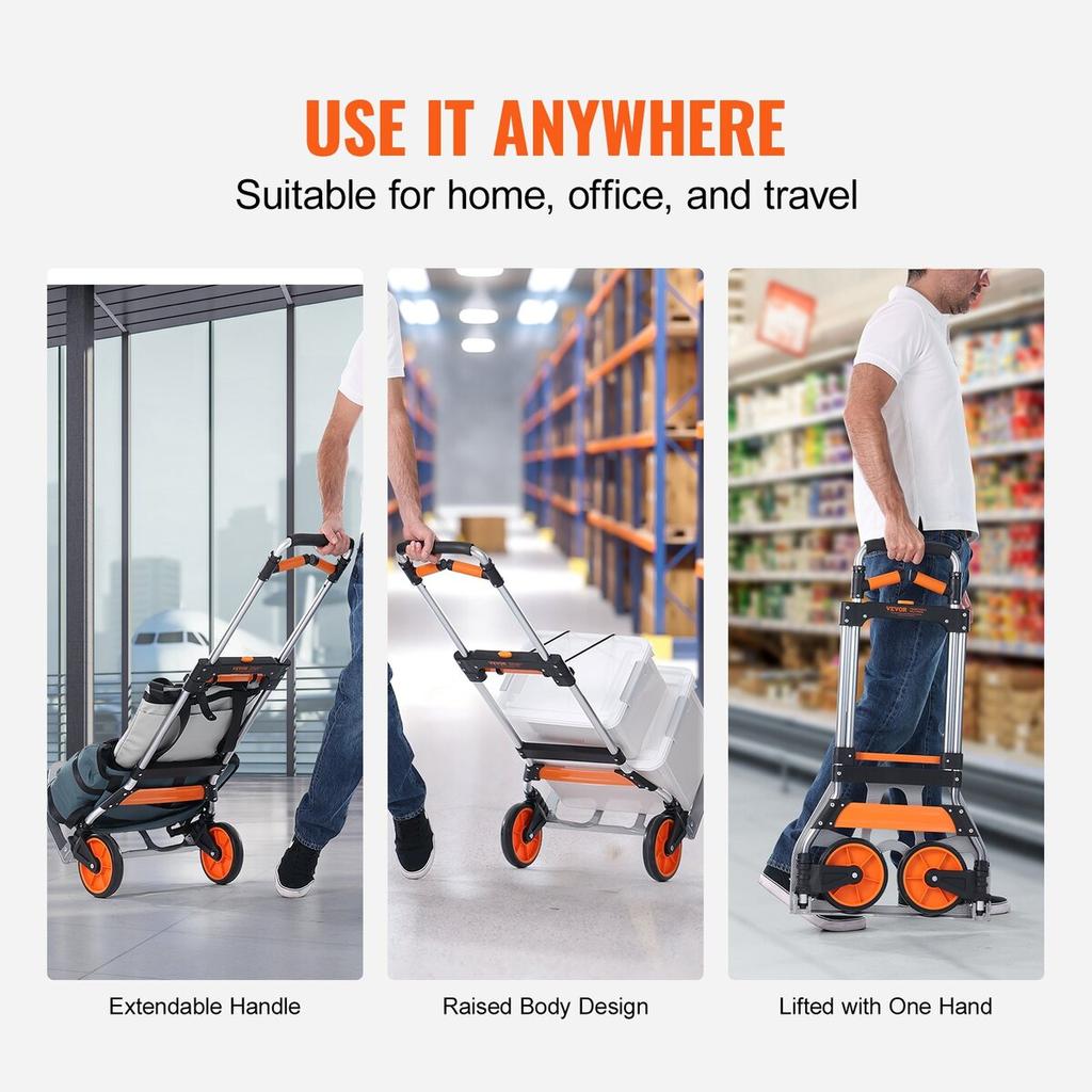 Folding Hand Truck, 309 Lbs Load Capacity, Aluminum Portable Cart, Convertible Hand Truck and Dolly with Telescoping Handle and PP+TPR Wheels, Ultra