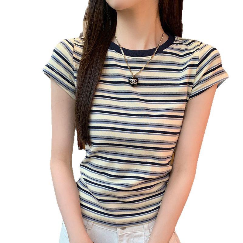 Women's Summer 2025 Popular Striped Short Sleeve T-shirt | Unique & Stylish Straight Shoulder Design