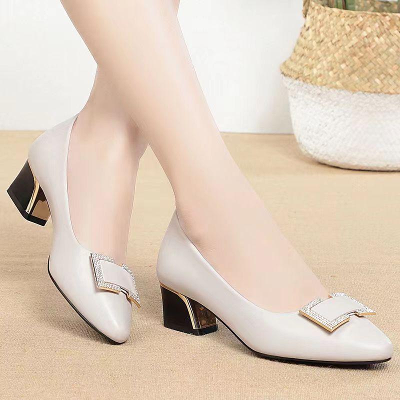 Nowe Buty Wsuwane na Wiosnę/Jesień z Grubym Obcasem, Średnim Obcasem, Miękka Skóra, Podwyższające Wzrost, Wyszczuplające, Eleganckie, Lekkie i Codziennego Dopasowania