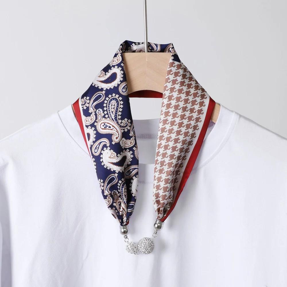 Fashion Magnet Buckle Neckerchief Solid Silk Scarf Women Skinny Headband Hand Wrist Bag Scarves Print Necklace Accessories