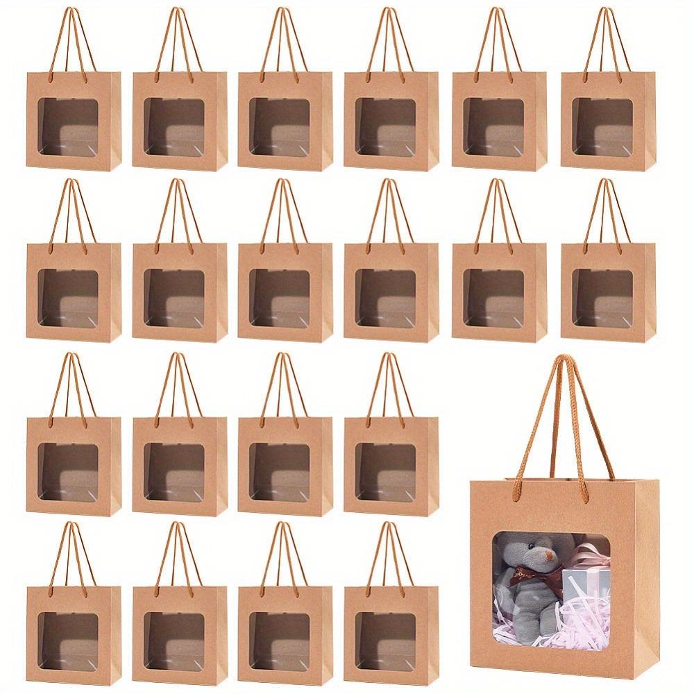 15 Stück Kraftpapier-Geschenktüten mit Sichtfenster und robusten Polyestergriffen, rechteckig, in kräftiger Holzoptik, tragbare Boutique-Tüten für Blumensträuße und Gastgeschenke