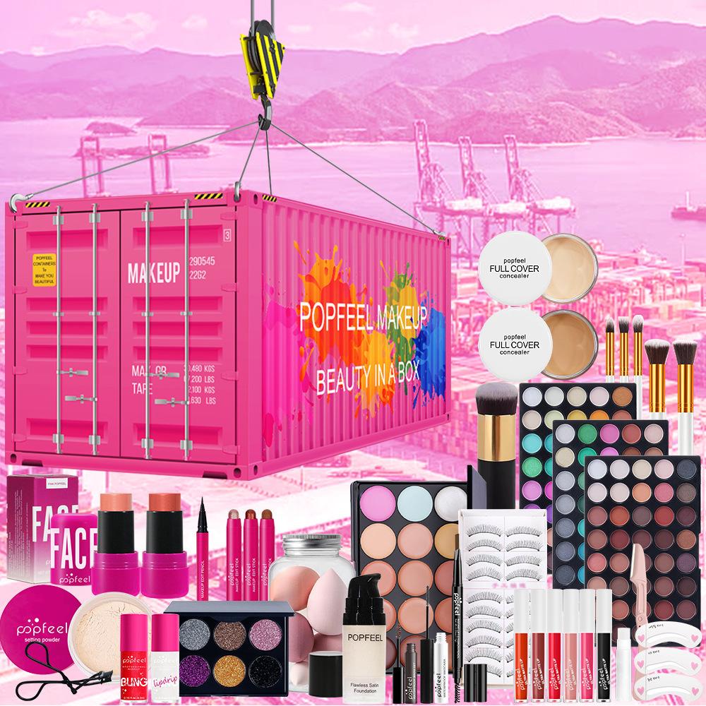 Popfeel Rosa Kosmetikbehälter Professionelles Full-Face-Make-up-Set Komplette Kosmetik-Kollektion Lidschatten-Palette Lippenstift Foundation Kosmetik-Geschenkbox für Frauen