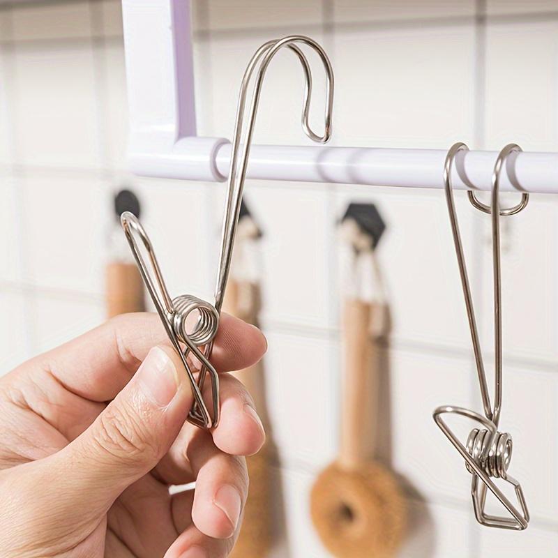 4 Pcs Stainless Steel Long Tail Clip with Hooks Metal Hanger Clips Clothes Pins for Hanging Outdoor Kitchen Office