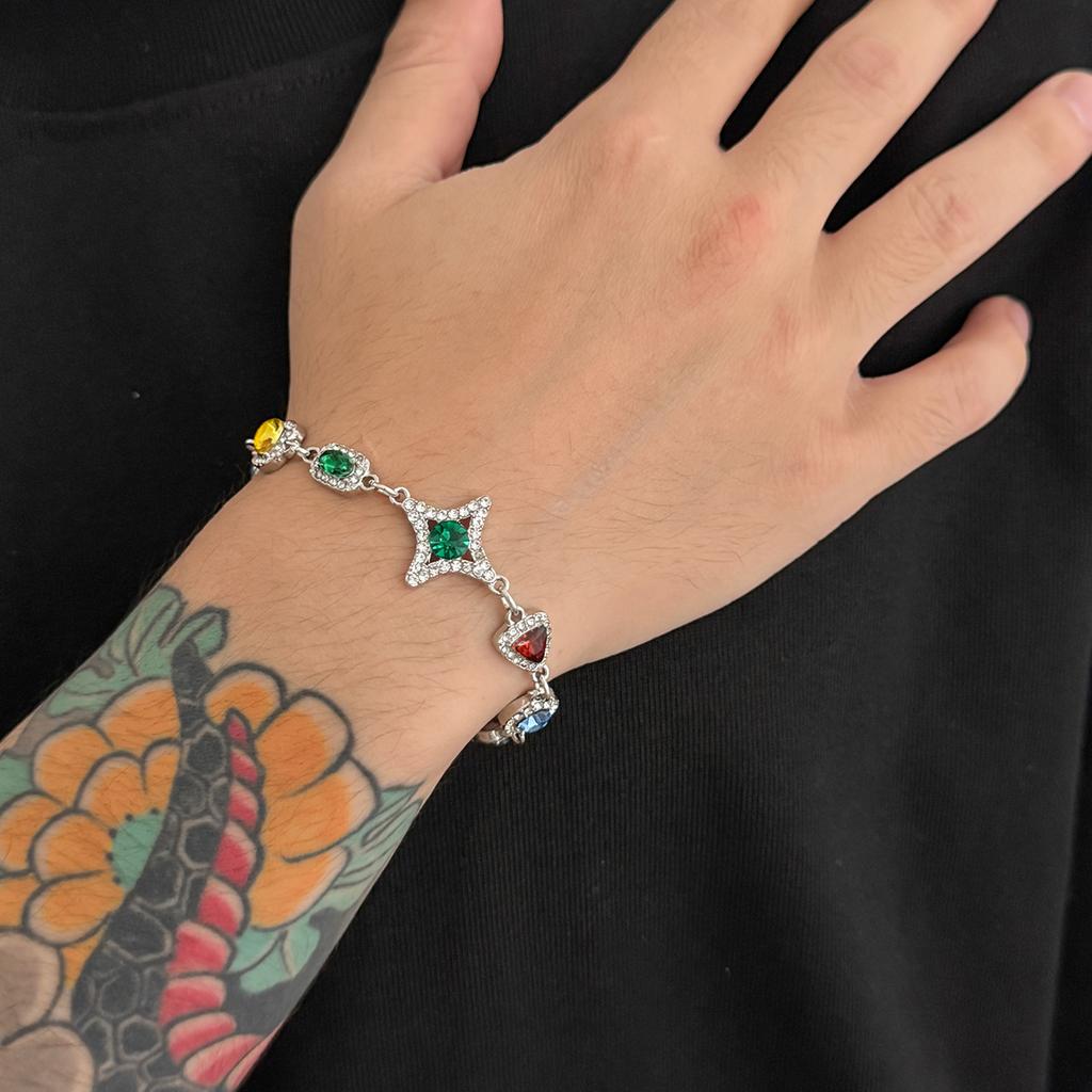 Vintage Colorful Gemstone Necklace for Men Trendy Light Luxury High-end Clavicle Chain Hip-hop Bracelet Men's Jewelry