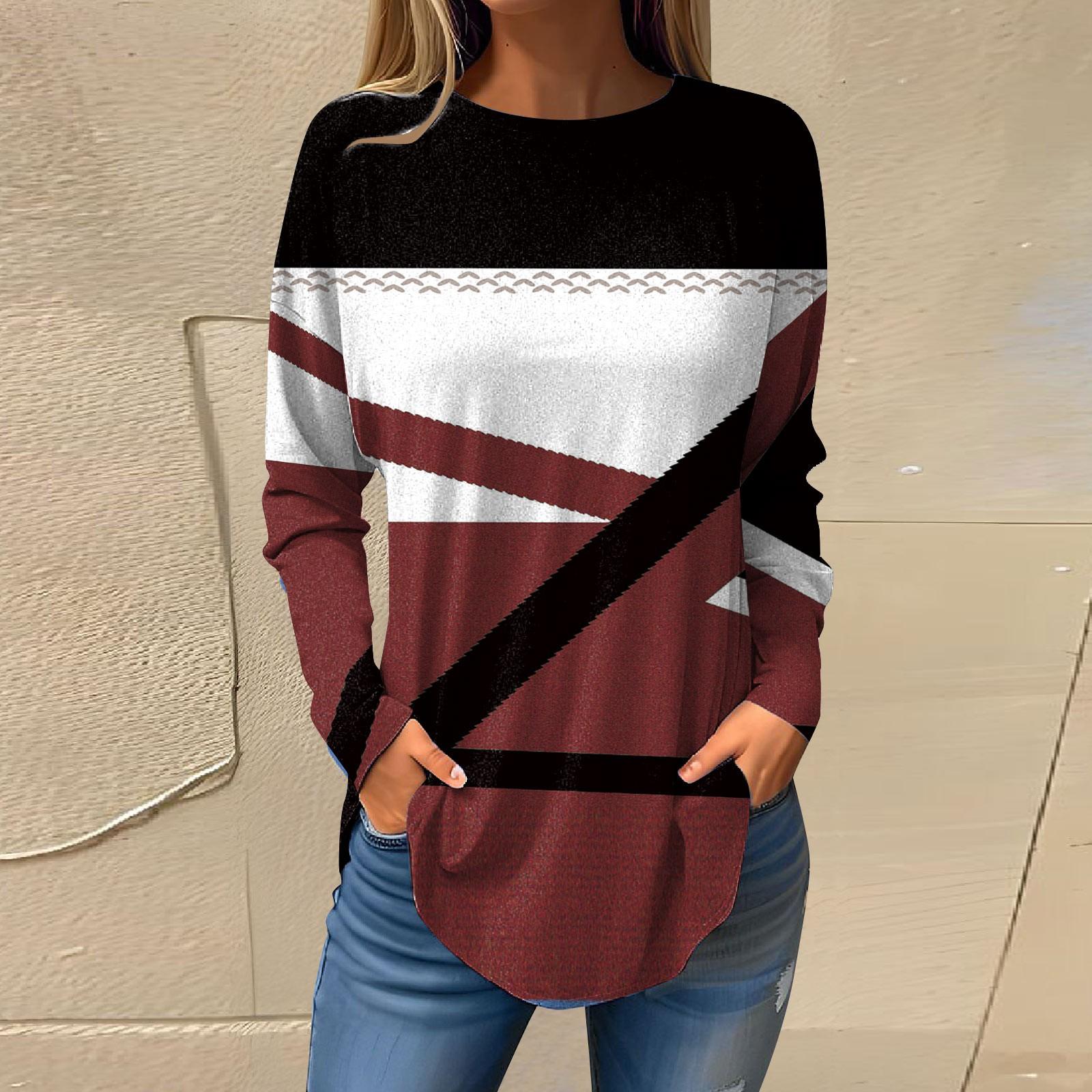 Damen Pullover T-Shirts Herbst Casual Langarmshirts Sweatshirt Geometrischer Druck Top XL black