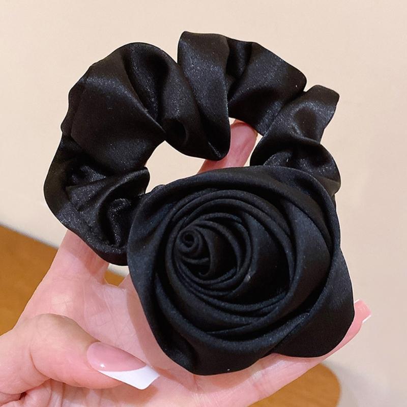 Korean Women Rose Elastic Hair Bands Hair Scrunchies Big Flower Satin Hair Rope Charm Horsetail Gentle Hair Accessories