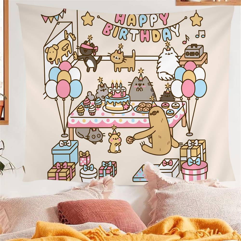 Pusheen Cat Birthday Hanging Bohemian Tapestry Bohemian Wall Tapestries Mandala Cheap Hippie Wall Hanging 74x94cm(29x37in)