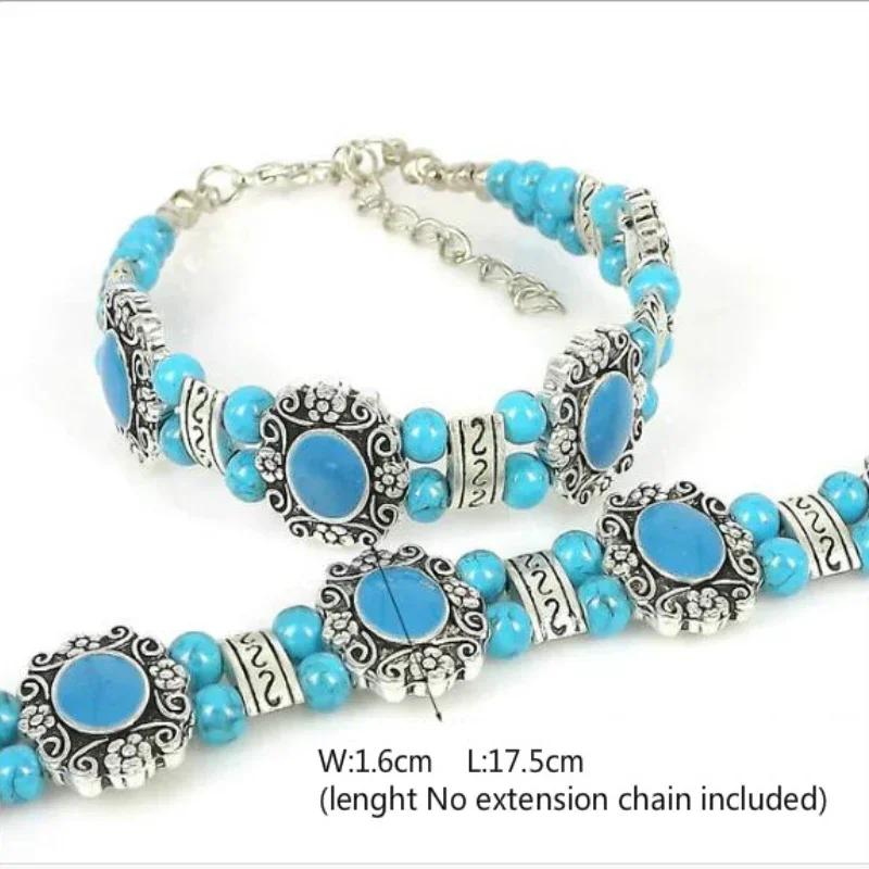 Women Fashion Vintage Ethnic Bracelet Korean Edition Double Layer Handicraft Retro Double Rowed Turquoise Bracelet Accessories