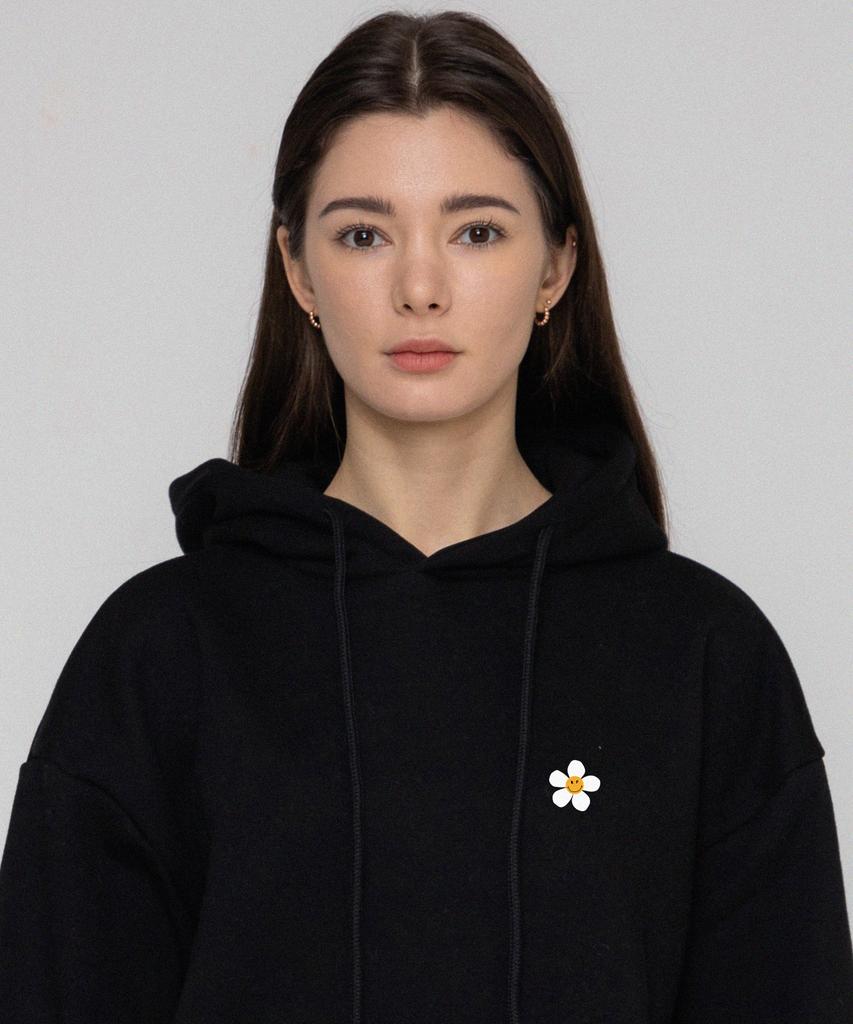 [Unisex] Φούτερ με Χαμόγελο και Μικρά Λουλούδια_Μαύρο