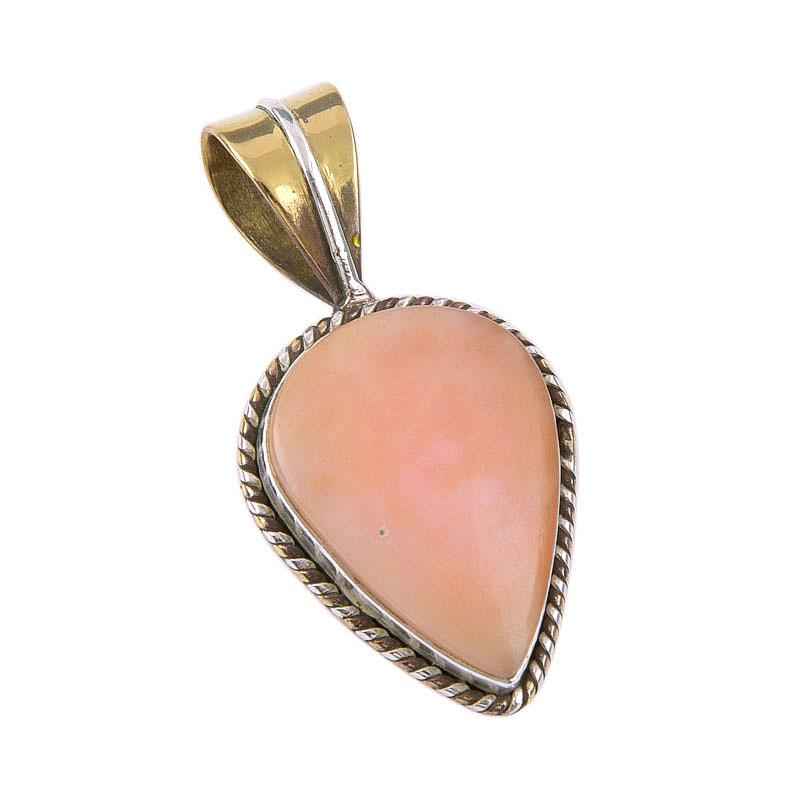 Natural Pink Opal Gemstone 925 Solid Sterling Silver Two Tone Pendant 1.25" D9K52