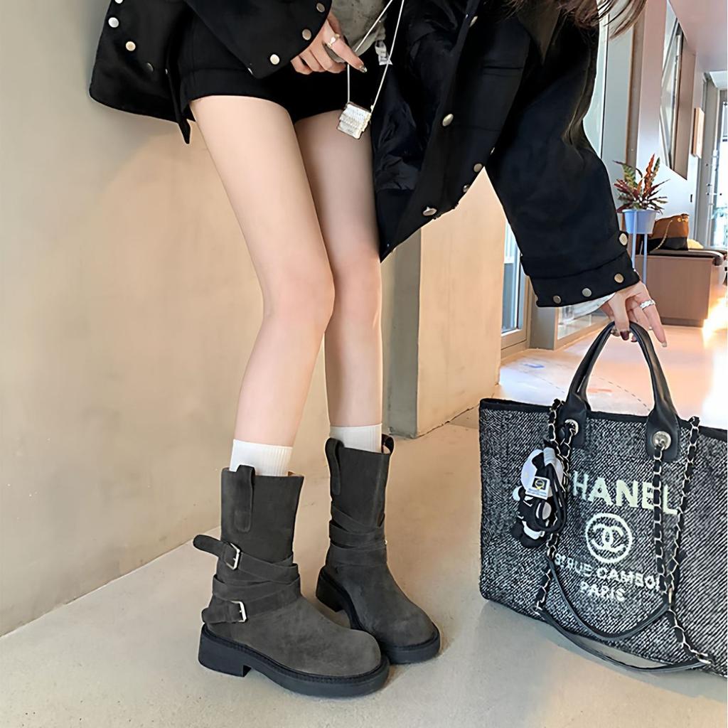 [Suding Home] Soft Aden Boots~ Retro Suede Belt Buckle Thick-soled Martin Pile Short Boots Women's Western Boots