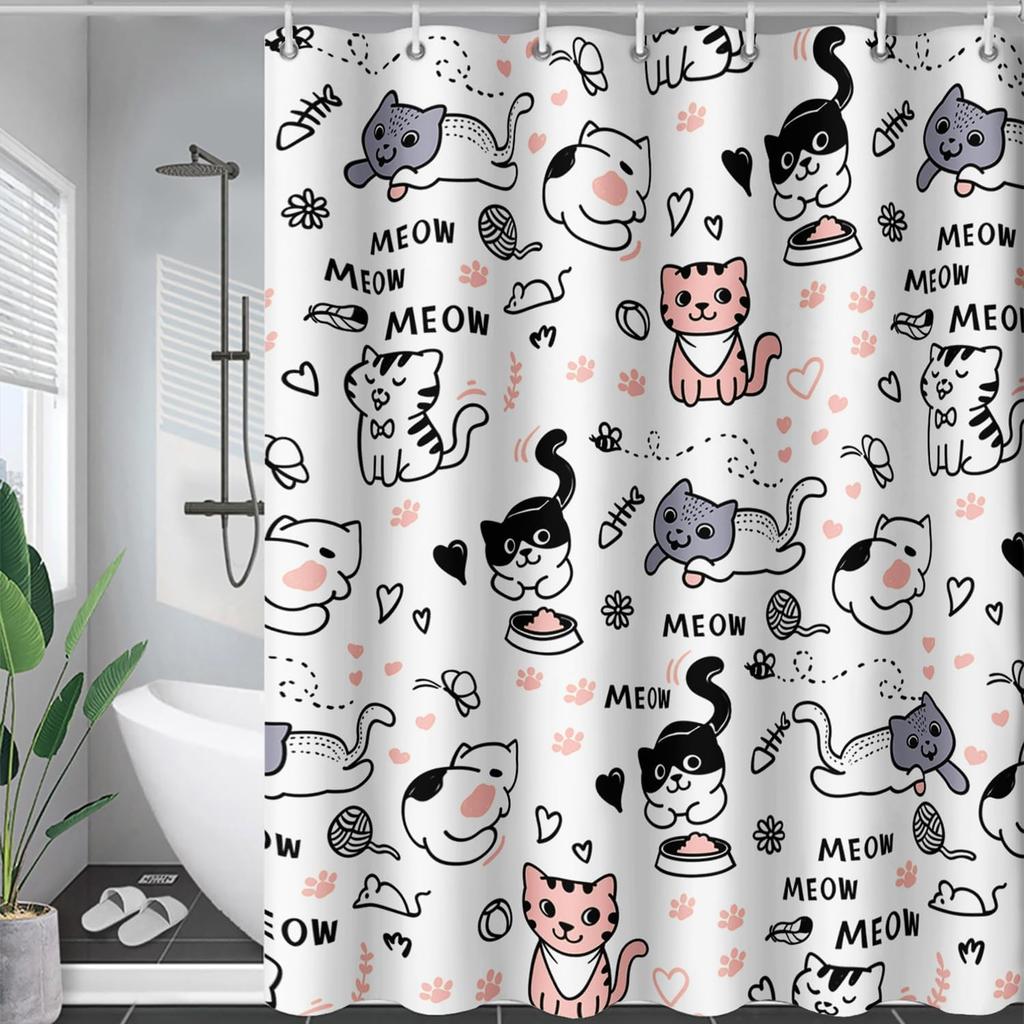 Cute Cat Cartoon Pet Cat Kitten Bathroom Curtain,Cat Paw Print Cat Lover Bath Curtain Polyester Waterproof Bathroom Curtain Wi