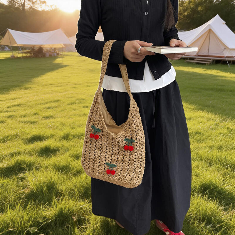 Charming Crochet Tote Bag with Cherry Embellishments – Handmade Summer Beach Bag for Women