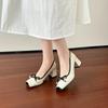 Retro pig nose color matching ballet shoes women's bow silver outer wear light mouth thick heel square head Mary Jane shoes