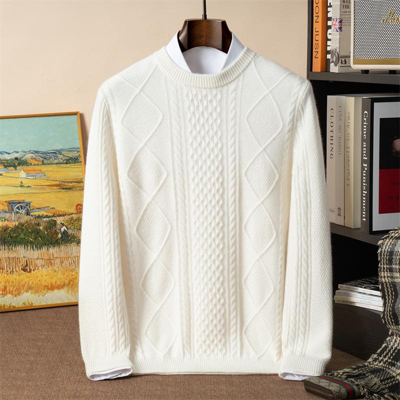 Crew neck solid color seven-needle double-strand thickened idea yarn cashmere sweater men's knitted sweater loose jumper