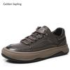 Fashion Golden Sapling 38-44 Mens Leather Vulcanize Shoes Retro Cowhide Leather Thick Bottom Leisure Sneakers Men Casual Sport Flats