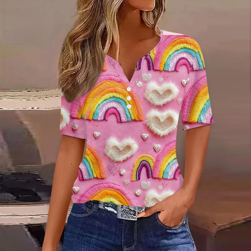 Damen T-Shirt mit Aufdruck zum Valentinstag, Knopfleiste, kurzärmelig, Tunika, für den Alltag, Wochenende, Basic, V-Ausschnitt, normales Oberteil