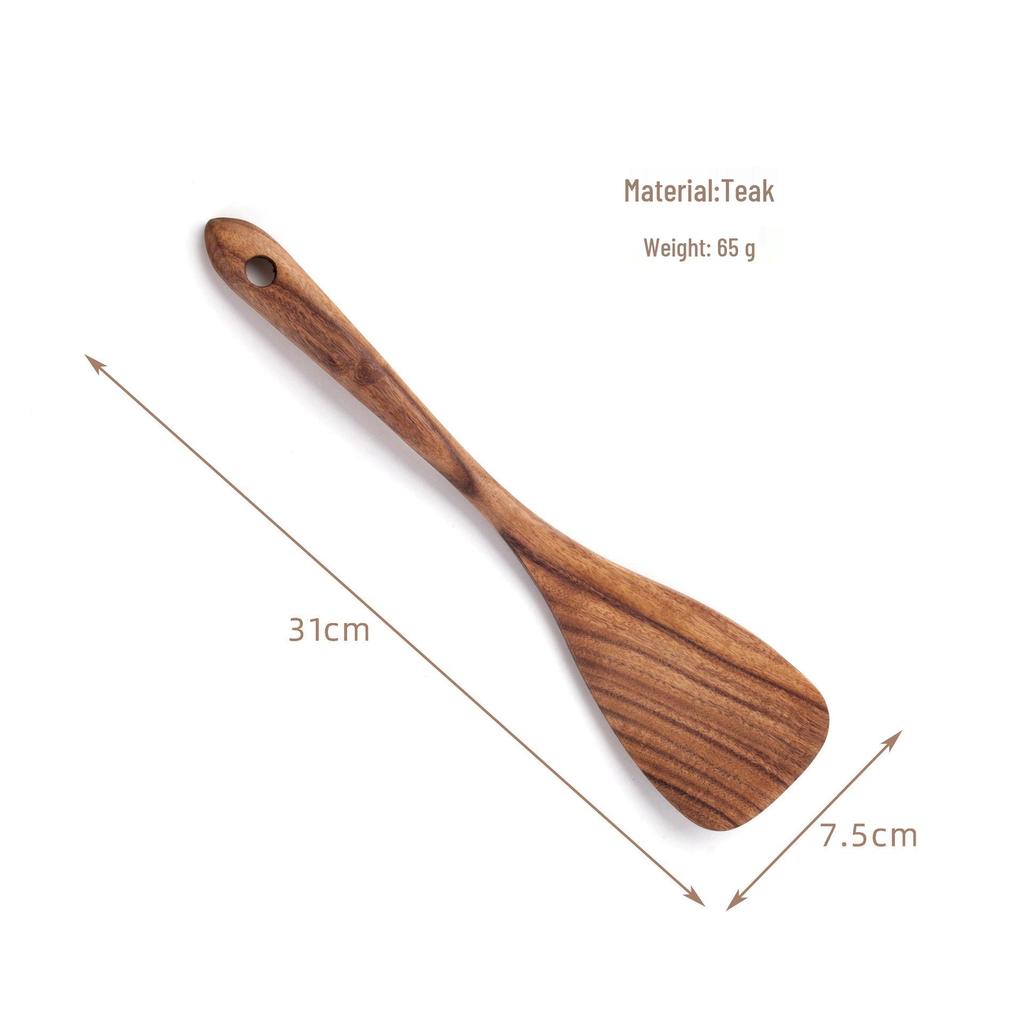 Teak Wood Kitchen Utensil Set: Includes Spatula, Soup Ladle, Stir-Fry Spoon, Slotted Spoon, and Fork for Non-Stick Pans