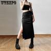 WTEMPO Frauen Side Split Casual Alle-spiel Langen Schwarzen Rock Weibliche Hohe Taille Feste Röcke Streetwear