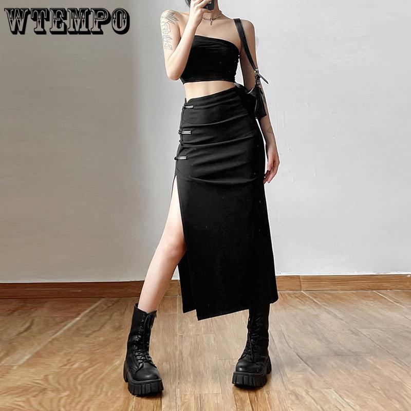 WTEMPO Femei Lateral Split Casual All-metch Fusta lungă neagră Femei Talie înaltă Fuste solide Imbracaminte de stradă