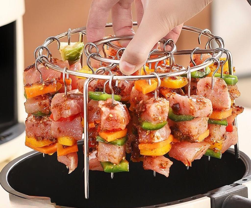 1pcs Vertical Stainless Steel Air Fryer Grill Rack Round BBQ Grill for Home Oven Kitchen Skewers Foldable Design