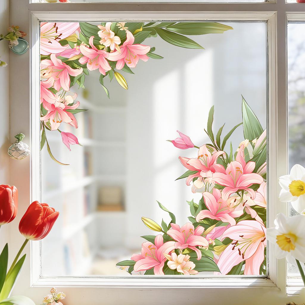 Pink Lily Corner Window Stickers Are Suitable for Bathroom Doors, Living Room and Bedroom.