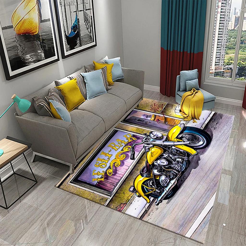 3D Vintage Cool Classic Motorcycle Carpet Oil Painting Art Carpet Home Bedroom Living Room Decorations Rug Bathroom Non-Slip Mat