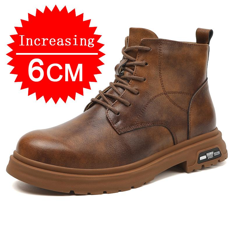 Men's Genuine Leather High-top With Hidden Inner Height Increase 4/6/8CM Heightened Casual Riding Fashion Anti-slip Casual Shoes