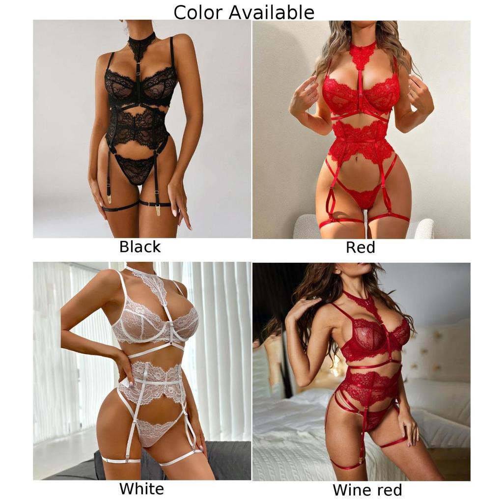 Sexy Women Lace Bra Panties Elastic Underwear Sets Transparent Underwear G-string Garter Belt Thong Lingerie Nightwear Outfit