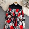 Sukienka koszulowa Vintage Autumn Lapel Collar Wysokiej jakości damska jednorzędowa czerwona kwiatowa z nadrukiem Patchwork sznurowany pasek luźne ubrania