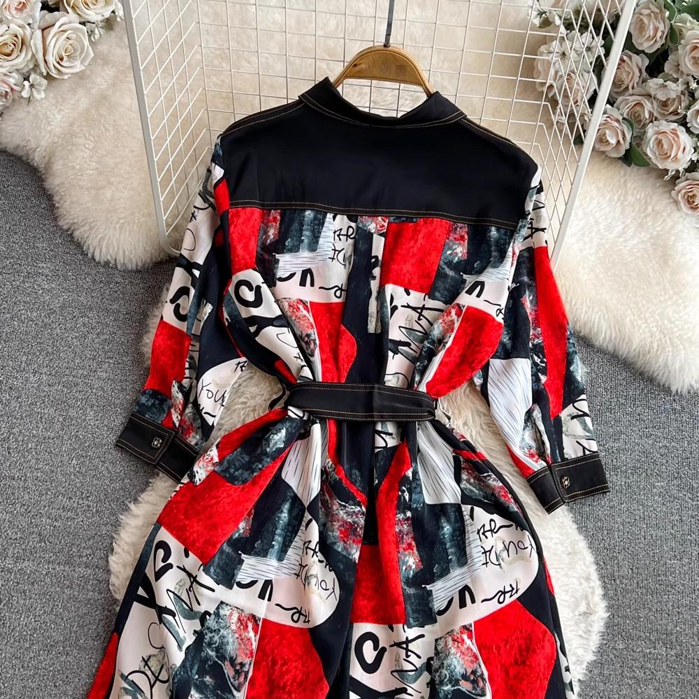 Sukienka koszulowa Vintage Autumn Lapel Collar Wysokiej jakości damska jednorzędowa czerwona kwiatowa z nadrukiem Patchwork sznurowany pasek luźne ubrania