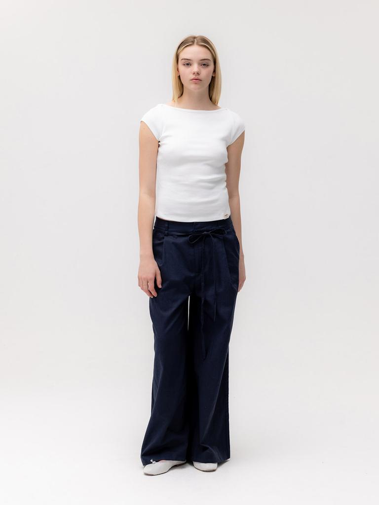 GLOWNY G Belted Linen Wide Pants (Navy)