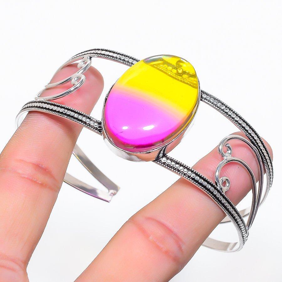 Bi-Color Tourmaline Gemstone 925 Sterling Silver Cuff Bangle Adjustable