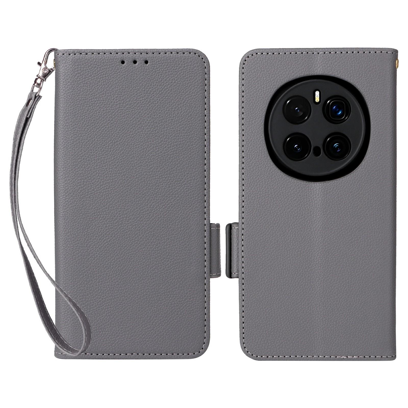 

For Honor Magic7 Pro 5G Case with Wrist Strap Litchi Texture PU Leather Wallet Phone Cover Grey