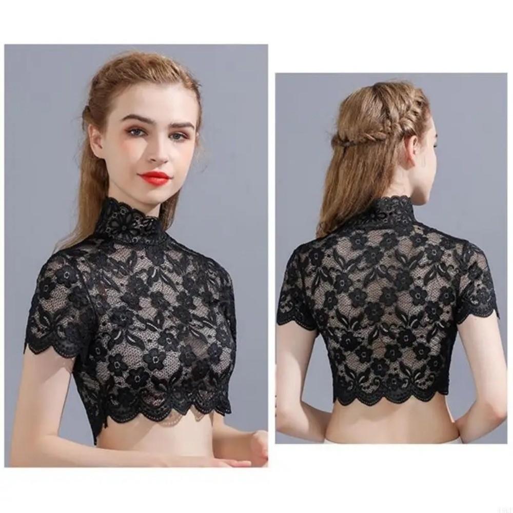 Eleganter Floral Damen Rollkragen Spitze Pullover Futter Abnehmbarer Kragen Kurzarm Dickey Crop Top